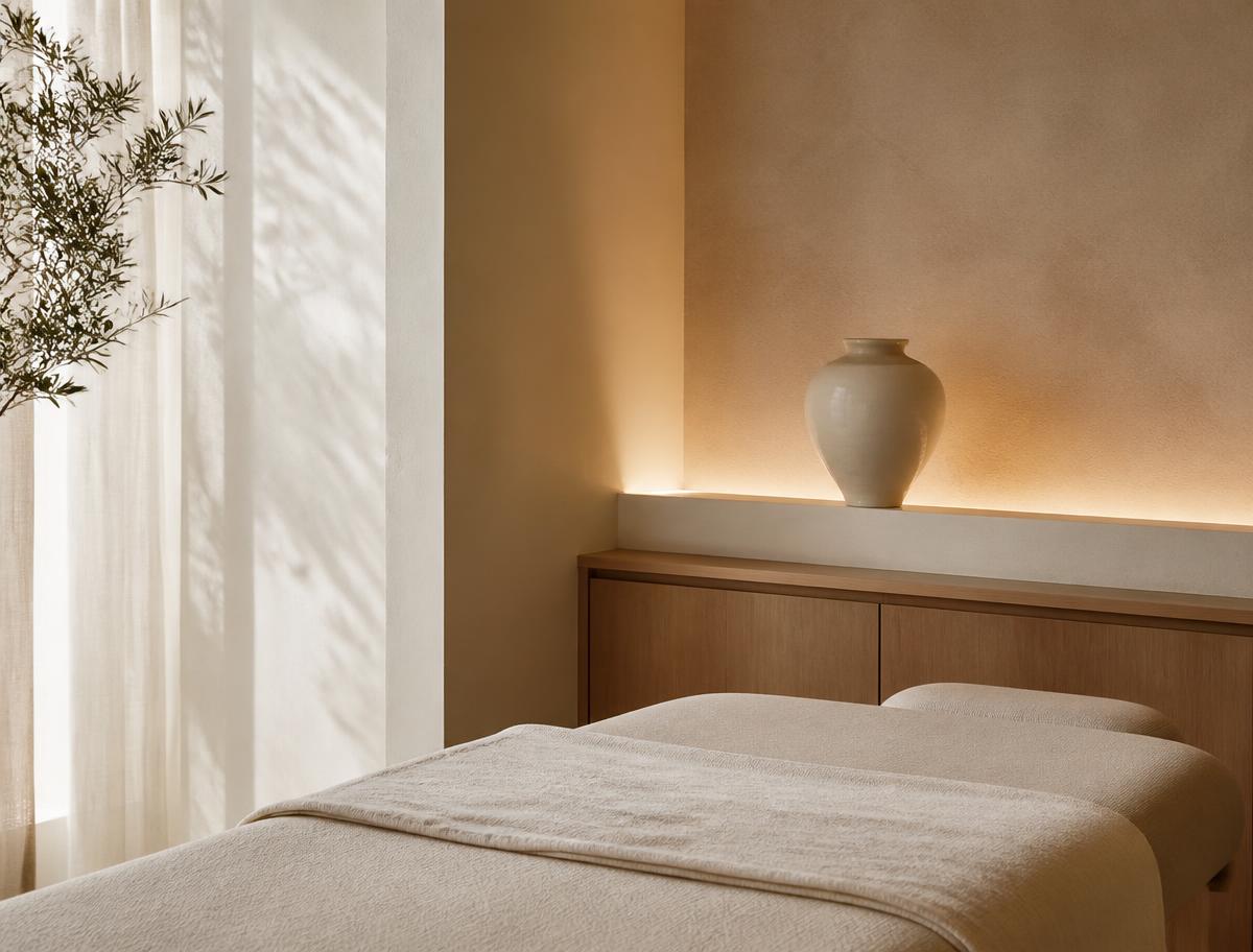 Sala de tratamento da LUMÉA com luz natural, tons quentes e ambiente calmo